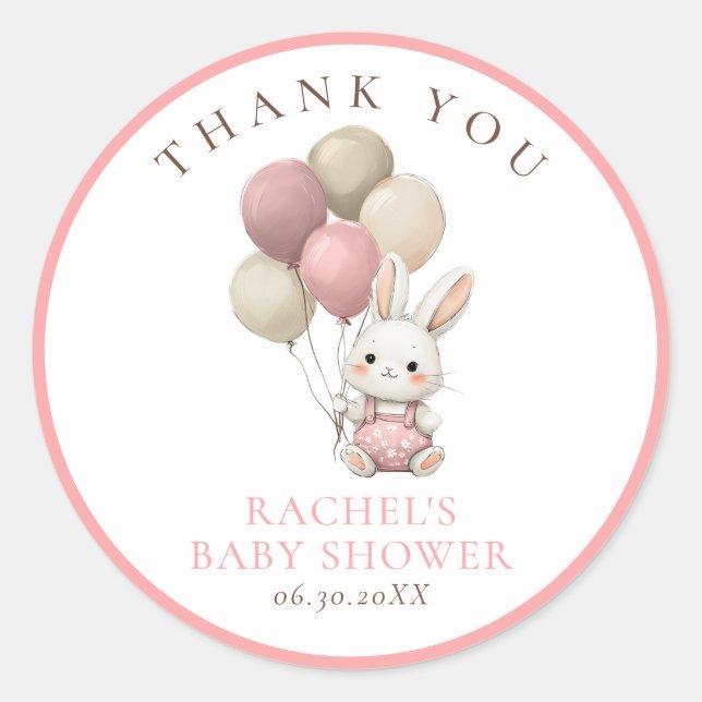 Bunny Rabbit Pink Balloons | Baby Girl Shower Classic Round Sticker (Front)
