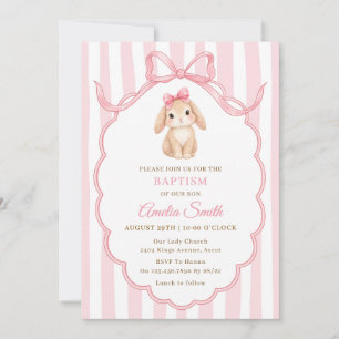 Bunny Rabbit Pink Bow Stripe Baptism Invitation