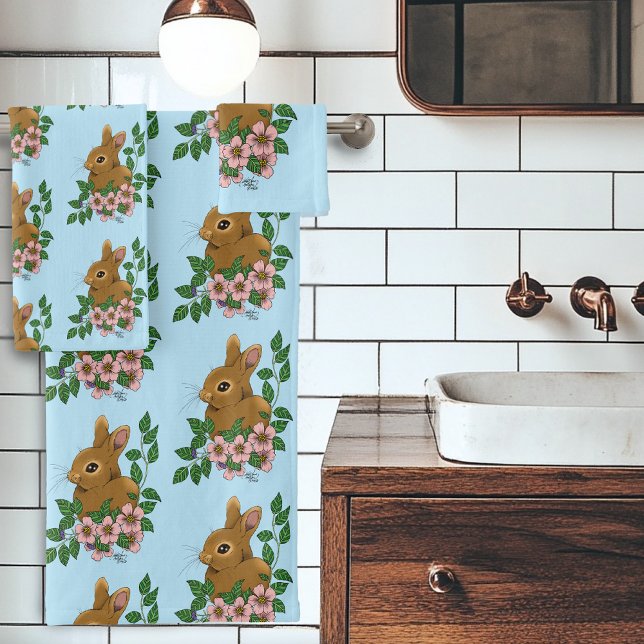 Bunny Rabbit Pink Flowers Bath Towel Set (Creator Uploaded)
