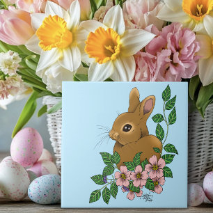 Bunny Rabbit Pink Flowers Ceramic Tile