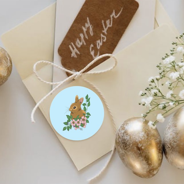 Bunny Rabbit Pink Flowers Classic Round Sticker (Creator Uploaded)