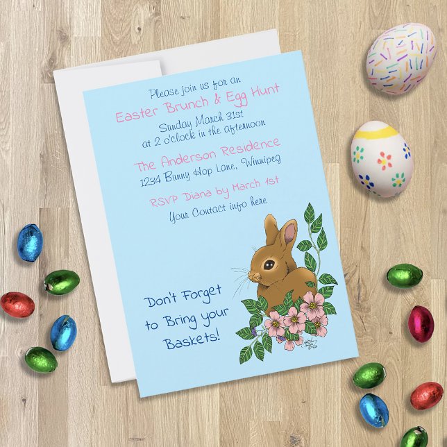 Bunny Rabbit Pink Flowers Easter Invitation (Creator Uploaded)