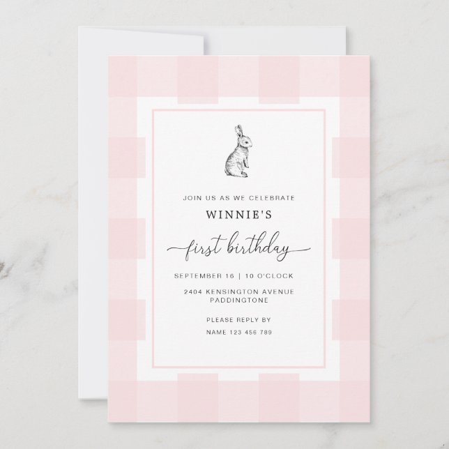 Bunny Rabbit Pink Gingham 1st Birthday Invitation (Front)
