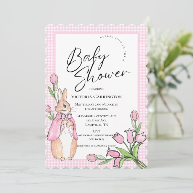 Bunny Rabbit Pink Gingham Baby Shower Invitation (Standing Front)