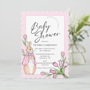 Bunny Rabbit Pink Gingham Baby Shower Invitation