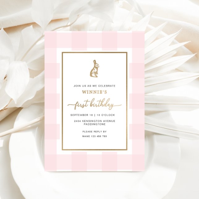 Bunny Rabbit Pink Gingham Birthday Foil Invitation (Creator Uploaded)