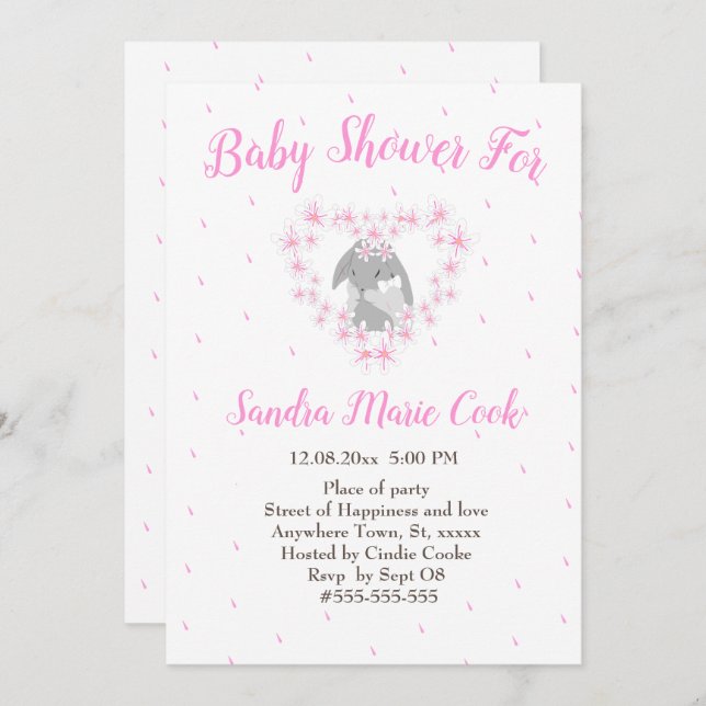 Bunny Rabbit Pink Girl Baby Shower  Invitation (Front/Back)