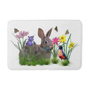 Bunny Rabbit, Robin, and Flowers, Customisable Bath Mat