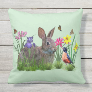 Bunny Rabbit,  Robin, and Flowers. Customisable Cushion