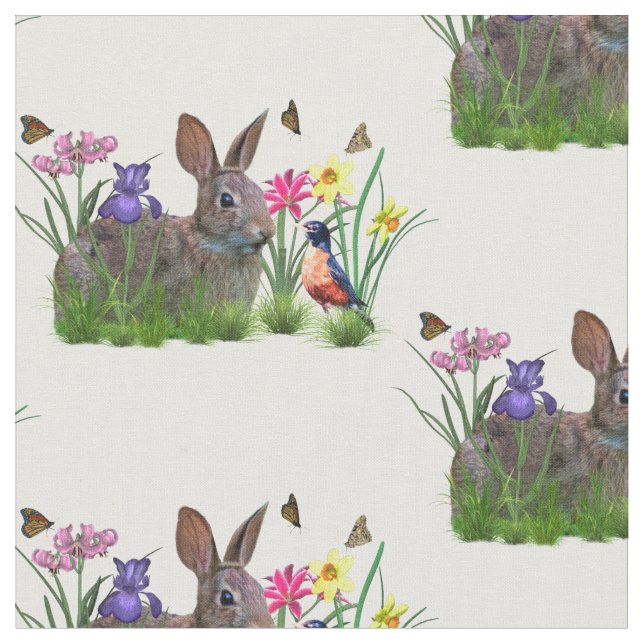 Bunny Rabbit,  Robin, and Flowers, Customisable Fabric (Close Up)