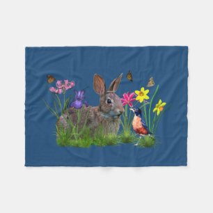 Bunny Rabbit, Robin, and Flowers, Customisable Fleece Blanket