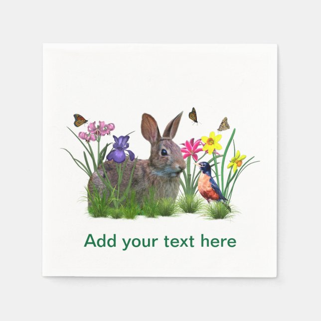Bunny Rabbit,  Robin, and Flowers, Customisable Napkin (Front)