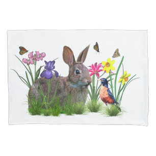 Bunny Rabbit,  Robin, and Flowers, Customisable Pillowcase
