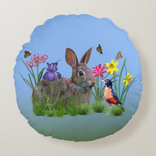 Bunny Rabbit,  Robin, and Flowers, Customisable Round Cushion (Front)