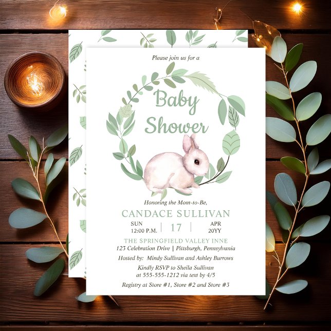 Bunny Rabbit Sage Floral Wreath Boy Baby Shower Invitation (Cute Easter Bunny Rabbit and Eucalyptus Wreath Sage Green Baby Shower - Print | Digital)