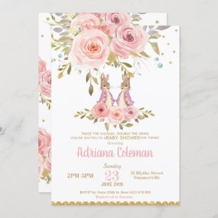Bunny Rabbit Twin Girls Baby Shower Invitation