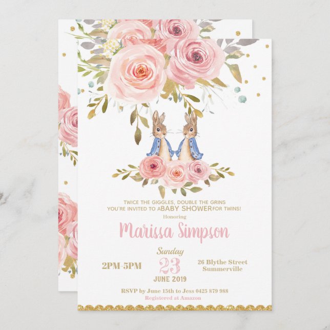 Bunny Rabbit Twin Girls Baby Shower Invitation (Front/Back)