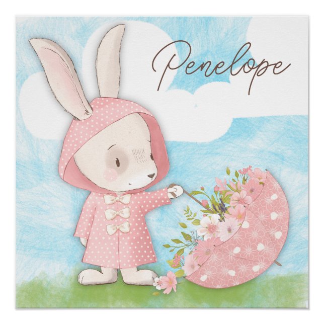 Bunny Rabbit Umbrella & Flowers Poster (Front)