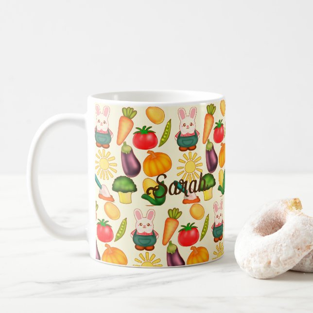 Bunny Rabbit Vegetable Farmer Coffee Mug (With Donut)
