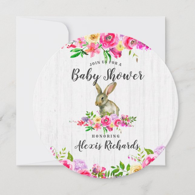 Bunny Rabbit Watercolor Floral Baby Shower Invitat Invitation (Front)