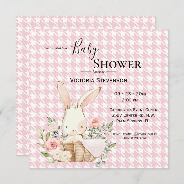 Bunny Rabbit Watercolor Houndstooth  Baby Shower  (Front/Back)