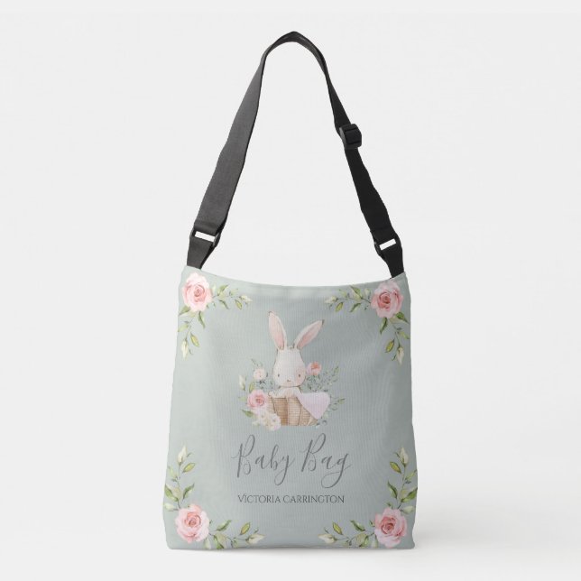 Bunny Rabbit Watercolor Sage Green Personalised Crossbody Bag (Front)