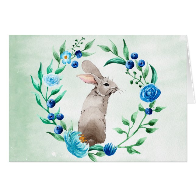 Bunny Rabbit with Blue Floral Wreath Note Card (Front Horizontal)