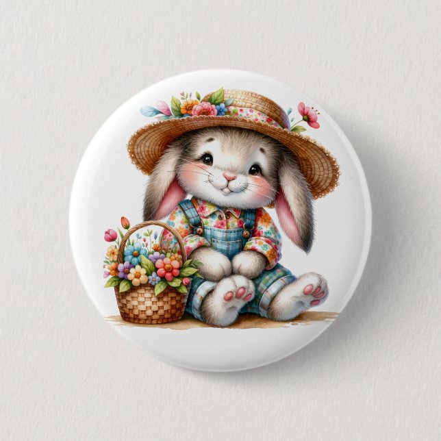 Bunny Rabbit With Florals  6 Cm Round Badge (Front)