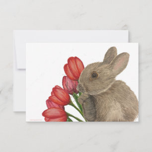 Bunny Rabbit with Red Tulips Flat Thank You Card
