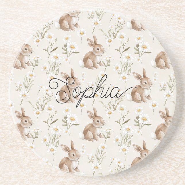 Bunny Rabbits Daisy Flowers Coaster (Front)