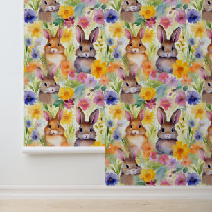 Bunny Rabbits in the Flowers Watercolor  Wallpaper