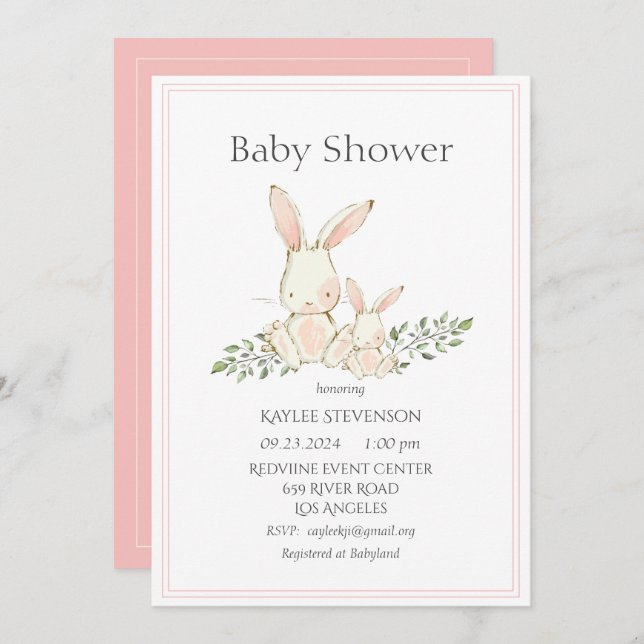 Bunny Rabbits Pink Modern Baby Shower Invitation (Front/Back)