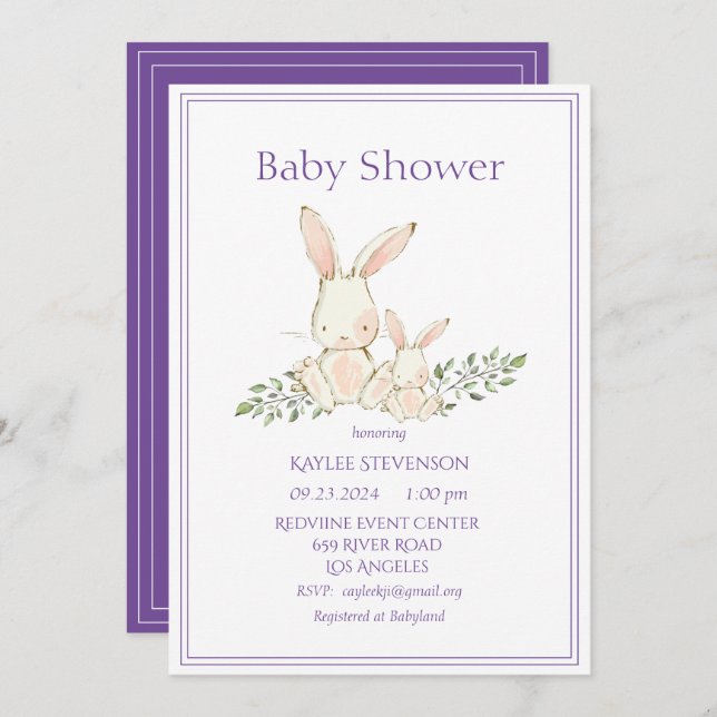Bunny Rabbits Purple Modern Baby Shower Invitation (Front/Back)