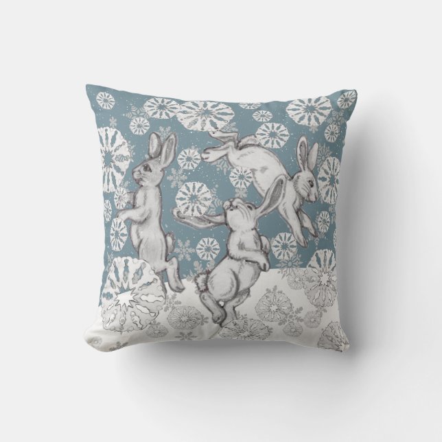 Bunny Rabbits & Snowflakes Blue Winter Christmas Cushion (Front)
