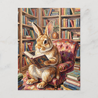 Bunny Reading a Book in Cosy Room Ful of Books  Postcard
