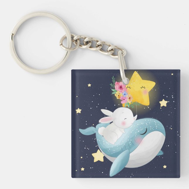 Bunny Riding A Whale Key Ring (Front)