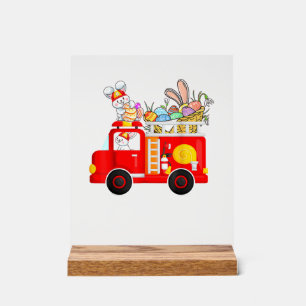 Bunny Riding Firetruck Easter Day Firefighter Happ Acrylic Sign