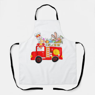 Bunny Riding Firetruck Easter Day Firefighter Happ Apron