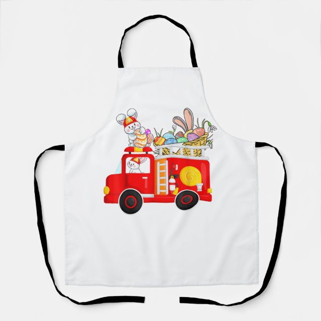 Bunny Riding Firetruck Easter Day Firefighter Happ Apron (Front)