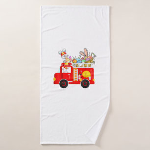 Bunny Riding Firetruck Easter Day Firefighter Happ Bath Towel