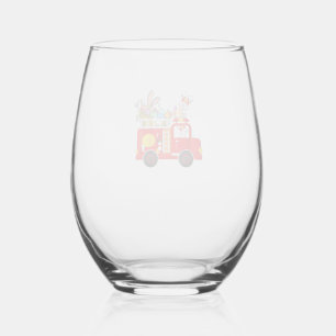 Bunny Riding Firetruck Easter Day Firefighter Happ Stemless Wine Glass