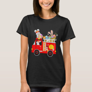 Bunny Riding Firetruck Easter Day Firefighter Happ T-Shirt