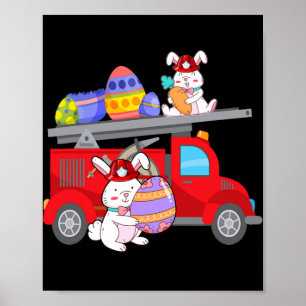 Bunny Riding Firetruck Easter Day Firefighter Poster