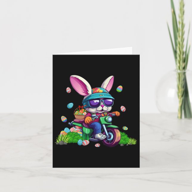 Bunny Riding Motorcycle Easter Eggs Basket Men Wom Card (Front)
