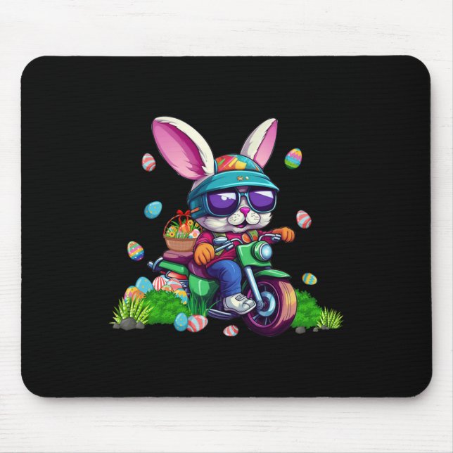 Bunny Riding Motorcycle Easter Eggs Basket Men Wom Mouse Pad (Front)