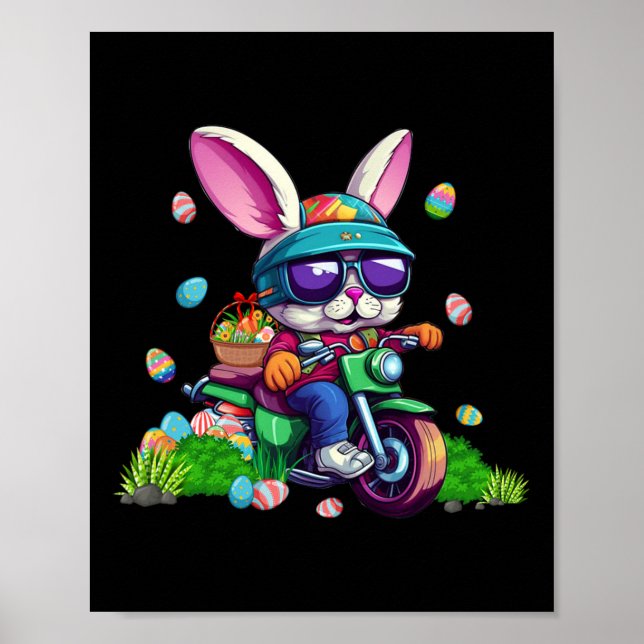 Bunny Riding Motorcycle Easter Eggs Basket Men Wom Poster (Front)