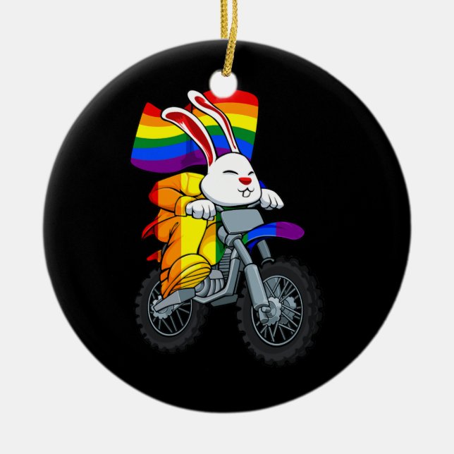 Bunny Riding Motorcycle LGBT Q Rainbow Flag Gay Ceramic Ornament (Front)
