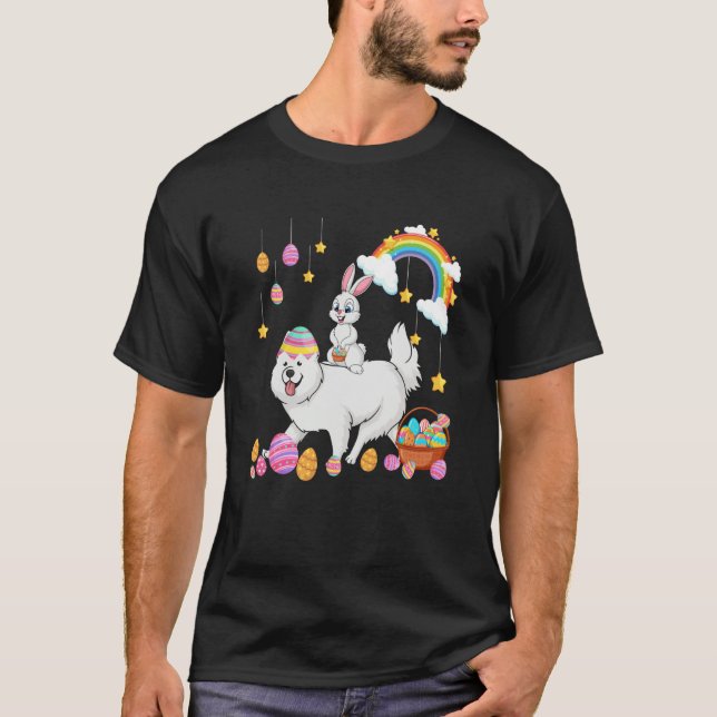 Bunny Riding Samoyed Easter Day Costume Owner Hunt T-Shirt (Front)