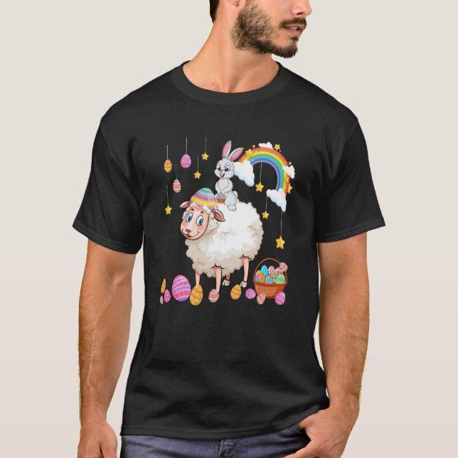 Bunny Riding Sheep Easter Day Costume Farmer Hunti T-Shirt (Front)