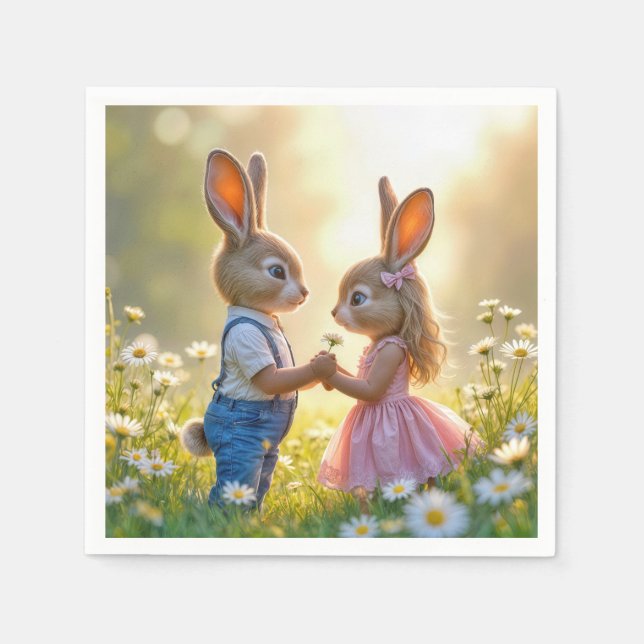 Bunny Romance In a Daisy Field Napkin (Front)